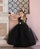 Robe de bal noire robe de demoiselle d'honneur Puffy Tulle dentelle mancherons dos ouvert pas cher filles Pageant robes pour gothique enfant robes de mariée