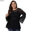 Spring Woman Office Lady Lace Elegant Blue Plus Size 5XL 4XL 3XL BLOUSES SHIRT TOPS HOLLOW OUT BLARE SLEEVE TOPS