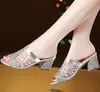 Kvinnor skor Pure Handmade Sandal Luxury Sequins Fish Head Chunky Heels Slippers Lady Leisure Sandals