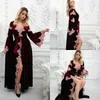 Kobiety Zima Sexy Aksamitna Lady Pildwear Kobiety Bathrobe V Neck Nightgown Burgundia Koronkowa Szata Prom Druhna Szal