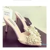 Hot Sale-Pearl Rhinestones High Heels Skor För Ladies Pekade Toes Skor Rosa och Beige Sandal Skor Storlek 35-39 Gratis frakt