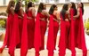 2020 barato vermelho árabe sereia de dama de honra vestidos de um ombro lado split chão comprimento longo casamento vestido de convidado forma formal dama de honra