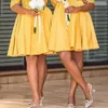 Żółte Krótkie Koronki Druhna Suknie 2021 Afryki Scoop Half Sleeve Maid of Honor Suknie Długość Kolana Satin Wedding Guest Party Dress Al6023