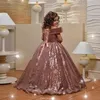 Rose Gold Sequins Flower Girls Dresses For Wedding Off The Shoulder Cap Sleeves First Communion Dress Custom Made Girls Pageant Gowns