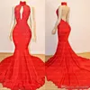 Nieuwe Sexy Mermaid Red Prom Dresses Hoge Hals Sleutelgat Kant Applicaties Avondjurken Formele Cocktail Party Jurk Plus Size Vestidos de Nnovia