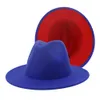 2020 Nowy Royal Blue Red Patchwork Faux Wool Fild Fedory Kapelusze z cienkim pasem Klamra Mężczyźni Kobiety Duża Brim Panama Trilby Jazz Cap