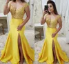 Floral Dentelle Applique Perles Jaune Robe De Bal Robes De Soirée Sirène Sheer Décolleté Cap Manches Formelle Élégante Robe De Soirée Côté Split