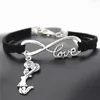 Wholesale- Antique Silver Infinity Love Cheerleader Cheer Girls Charms Leather Wrap Bracelet Cheer Team Cheering Unique Bracelets for Women