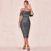 تشفير Ruched حمالة بريق Chirstmas ميدي فساتين مثير عارية الذراعين حزب ليلة نادي أسود اللباس bodycon vestido