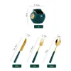 Vintage groene keramische handgreep Flatare Set Gold Crainless Steel Spoon Fork Knife Mes Set met opberghouder Caddy Jar