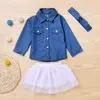 Schattige kleding sets meisje baby lange mouw denim top tutu rok hoofdband driedelige set