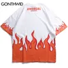 Gonthwid 힙합 화재 불꽃 인쇄 T 셔츠 Streetwear 2019 여름 남성 캐주얼 짧은 소매 Tshirts 남성 패션 코튼 상단 티셔츠 Y19072201