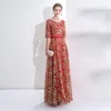 Mingli Tengda High Quality Broderade Sequined Lace Aftonklänningar Röda Halv Ärmar Elegant Kvinnor Patry Dress Silver Round Neck Long Dress