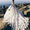 Beach Ball Gown Bröllop Klänningar Av Skulder Fjäril 3D Appliques Brudklänningar Baklösa Sweep Train Puffy Wedding Dress