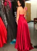 Sexy Halter Red Satin Evening Dresses Pleated High Split Floor Length Backless Prom Dresses Simple Party Gowns2492