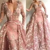 3d Flowers Pink Lace Prom Dresses with Detachable Train V Neck Long Sleeve Arabic Dubai Mermaid Ocn Evening Wear Dress