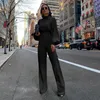 Nieuwe 2019 Dames Herfst Elegante Mode Slim Fit Solid Skinny Casual Overalls Office Look Work Lantern Sleeve Mock Neck Jumpsuits