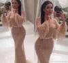 pérolas pesados ​​luxo árabe Dubai Champagne Mermaid Prom Dress Jewel Neck mangas compridas até o chão Formal Lace Vestidos personalizado