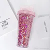 Cat Ear Flashing Double Layer Cup Cute Cartoon Creative Plastic Cups Tumbler Sequin Juice Wine Bottle With Straw Gift Cup 3 Colors BH2242 CY