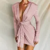 Joyfunear Mini abito elegante blu Donna Wrap Party Club Abiti Fasciatura Profondo scollo a V Cerniera Sexy Autunno Vestito aderente Feeme 2019