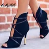 Venda Quente Mulheres High Saltos Moda Mulher Faux Suede Bombas Sexy Open Toe Ankle Botas Deslize no Deep V Corte de Salto Alto Senhora Sapato de Outono