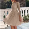 Women Sexy Backless Cocktail Dresses Jewel Sheer Neck Long Sleeve Homecoming Gowns Glitter Female Elegant Pleated Dress235F