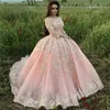 2020 Vintage Pink Ballkleid Quinceanera Kleider Luxus spitzen appliked Perlen süße 16 Kleider Vestidos 15 Anos mit Ärmeln Prom DRES5519199
