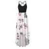 Dames Casual Losse Jurken V-hals Spaghetti Strap Split Asymmetrisch Patchwork Beach Print Maxi Jurk Mouwloos Sexy