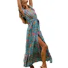 Boho Floral Print Długie Maxi Kobiety Szyfonowe Kombinezon Split Summer Beach V Neck Krótki Rękaw Panie Wrap Plays Urata Robe Femme 2019 Y19060501