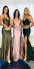 2020 Sexy V Neck Mermaid Blush Pink Prom Klänningar Elegant Long Prom Glows Satin High Split Vestidos de Formal Party Dresses BM1569