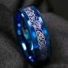 8mm Blue Tungsten Carbide Pierścień Srebrny Celtic Dragon Włókno węglowe Ring Mens Wedding Band Rozmiar 6-13