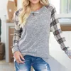 Vente en gros Femmes Mode Élastique Respirant Top Sweat Absorber T-shirts Top Manches Longues Col Rond T-shirt Plaid Épissage Cachemire DH0869