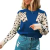 여성을위한 새로운 스웨터 대비 색상 모자이크 표범 패턴 긴팔 셔츠 여성 니트 슬리브 캐주얼 느슨한 오 넥 가을