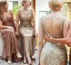 Bling Rose Gold Cekinowe sukienki druhny 2021 Sexy V Neck Maid of Honor Suknie Backless Long Wedding Guest Prom Dress Plus Size Al6797