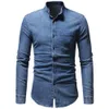 Casual Men Denim Shirt Solid Men Shirt Mao Neck Casual Mandarin Collar For Man Fashion Long Sleeve Man Blouse Male Top D40
