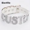 Handmade Silver Crystal Words Necklace Women Custom Choose Big Letters Choker Pink Punk Gothic PU Leather Collar Choker