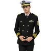 Herrenanzüge Blazer Hochwertige Frühlings-Kreuzschiff-Arbeitskleidung Mens Captain Navy Uniform Langarm Solid Black Herrenanzüge Hut Jacke Hosen Zubehör-Sets