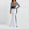 Clocolor Tubino Elegante Donna Off Sholuder Manica lunga Strisce Color Block Bianco Nero Bodycon Maxi Mermaid Party Dress Y19050805