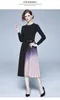 New design women's knitted o-neck long sleeve with belt sashes high waist patchwork chiffon gradient pleated midi long dress