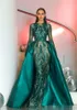 Robes de soirée vert foncé de Dubaï paillettes appliquées satin tulle sirène détachable train jupe à manches longues robe de bal de bal vêtements de cérémonie 401 401
