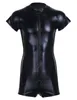 Men's G-Strings Wetlook Latex Catsuit Leather Man Jumpsuits Black Stretch PVC Mesh Bodysuits Sexy Clubwear Men Open Crotch Vi2299