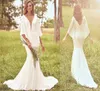 Long Poet Sleeves Robes Sirène plongeant en V couche Sweep Train Murffon Buttes recouvertes Robe de mariée Vestido de Novia