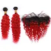 Cheveux humains brésiliens Ombre Rouge Deep Wave 2Bundles et Frontal 3Pcs Lot # 1B / Red Black Roots Ombre Wavy 13x4 Lace Frontal avec Weaves