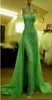 Sexy Halter Spring Green Mermaid Avondjurken Side Slit High Split Kant Chiffon High Neck Luxe Crystal Beaded Prom Party Jassen