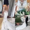 Mermaid Boho Dresses Straps Sexy Backless Long Illusion Sleeves Lace Applique Chapel Train Custom Made Beach Wedding Gown