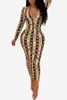 19SS Ny ankomst Kvinnors klänningdesigner för sommar Luxury Snakeskin Print Långärmad Klänning V-Neck Bodycon Dress Sexig Club Style Hot Sale