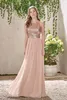 En Line Rose Gold -paljetter Topp Lång chiffonstrand brudtärklänningar Halter Backless Ruffles Blush Pink Maid of Honor -klänningar