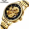 Reloj masculino GUANQIN marca de lujo esqueleto dragón dorado reloj de acero inoxidable hombres negocios reloj de pulsera mecánico automático