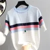 2020 abbigliamento estivo nuova versione coreana di migliaia di uccelli a quadri color ghiaccio maglione di seta pullover cuciture a colori T-shirt maniche corte