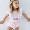 Bonito do bebê meninas lace romper rendas falbala manga xadrez romper infantil doce cheque bow lace-up cabeçada da criança da princesa onesie Y1277